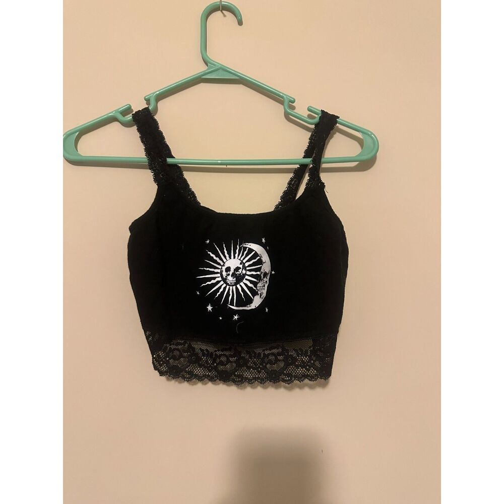 Cosmic Aura Sun Moon Skull Graphic Crop Top Lace Trim Cami Black Medium